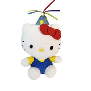 Hello Kitty Plush‎ Toy Birthday Party Hat Blue Overalls Rainbow Tassel